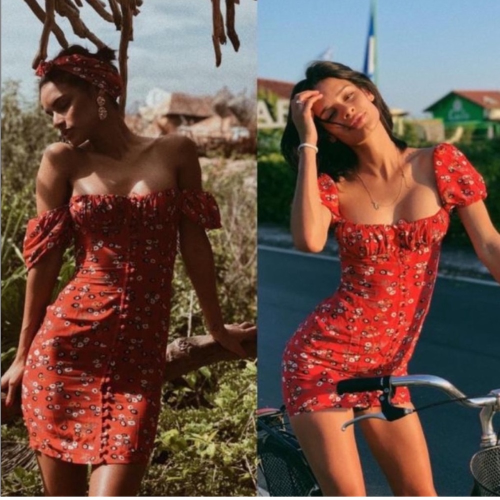 Rat & Boa Red Bambi Bustier Button Down Floral Peasant Prairie  Dress